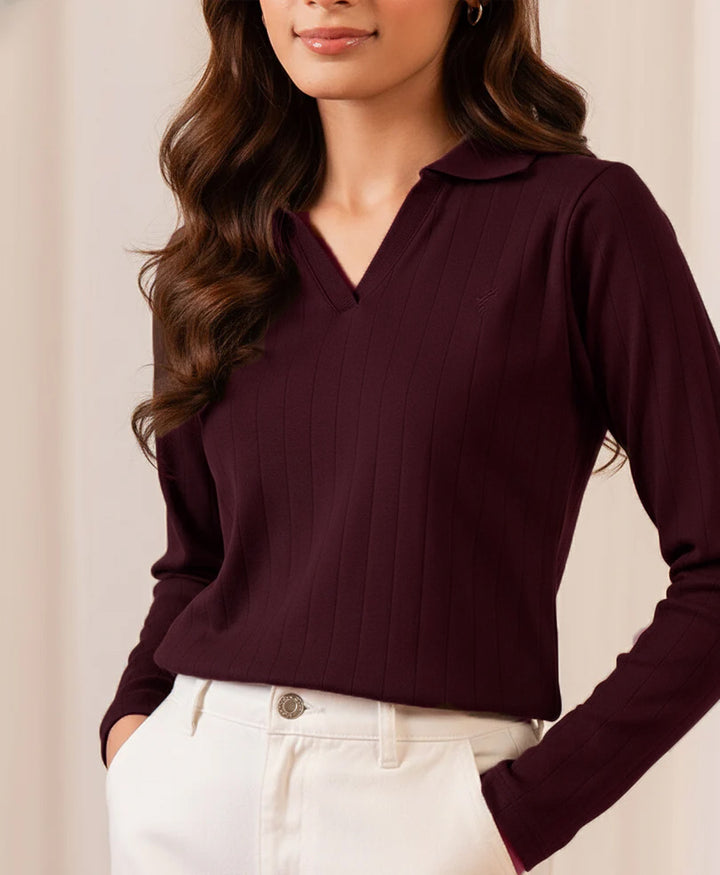 Burgundy V-Neck Drop Needle POLO (Women)