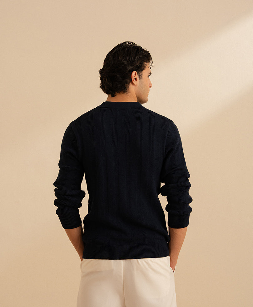 Dk Navy Ribbed Knit POLO Sweater