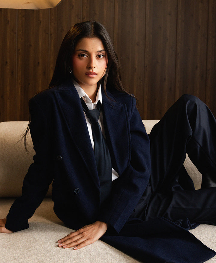 Navy Double Breasted Long Coat (Women)