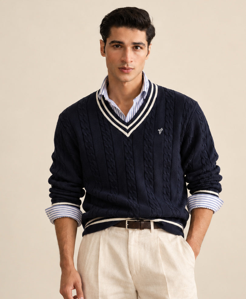 Navy Crimson Cable Knit Sweater