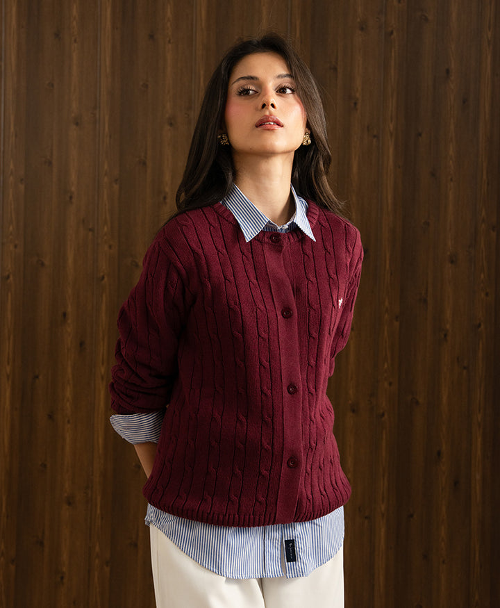 Wine Cable Knit Cardigan (Women)