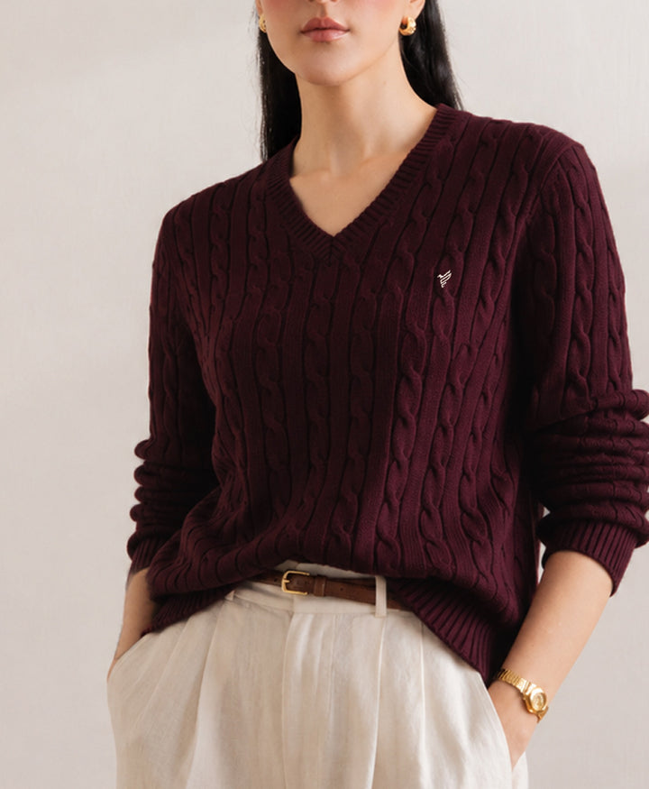 Burgundy V-Neck Cable Knit Sweater (Women)