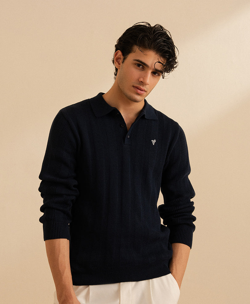 Dk Navy Ribbed Knit POLO Sweater