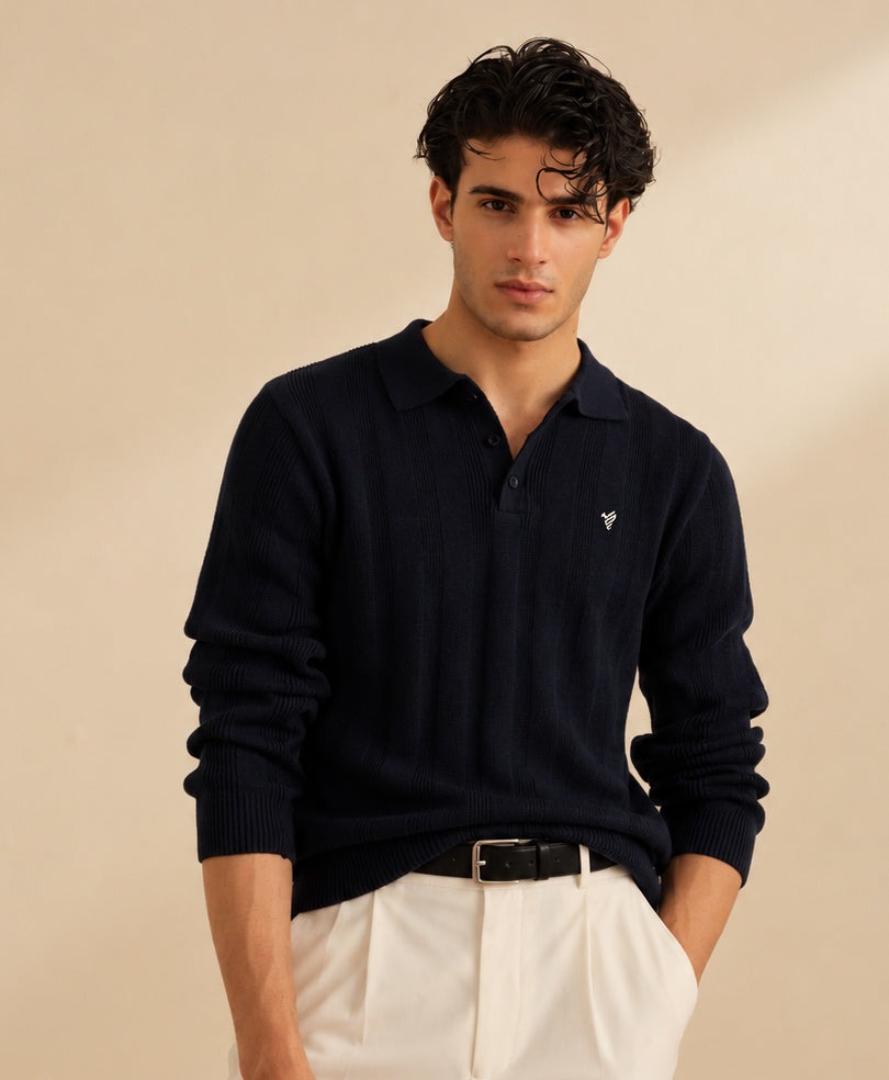 Dk Navy Ribbed Knit POLO Sweater