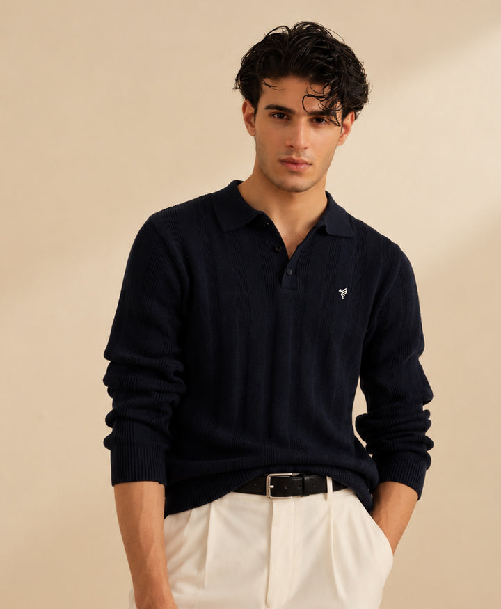 Dk Navy Ribbed Knit POLO Sweater