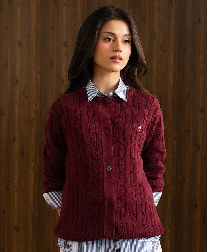 Wine Cable Knit Cardigan (Women)