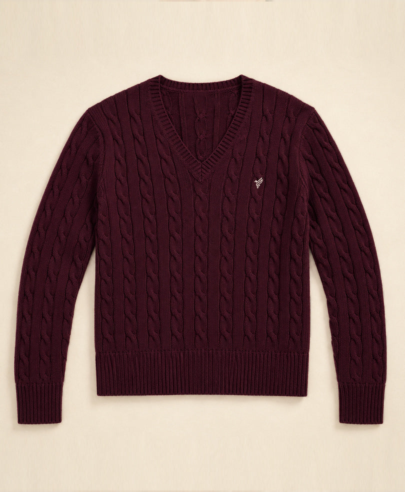 Burgundy V-Neck Cable Knit Sweater (Women)