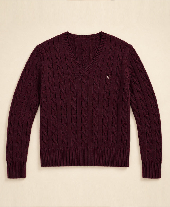 Burgundy V-Neck Cable Knit Sweater (Women)