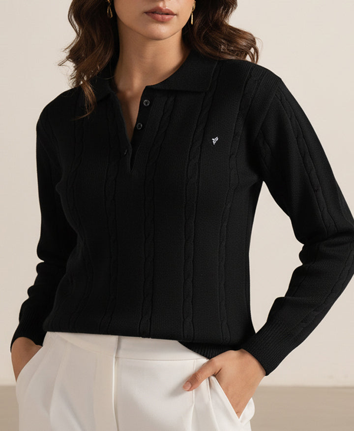 Black Polo Cable Knit Sweater (Women)