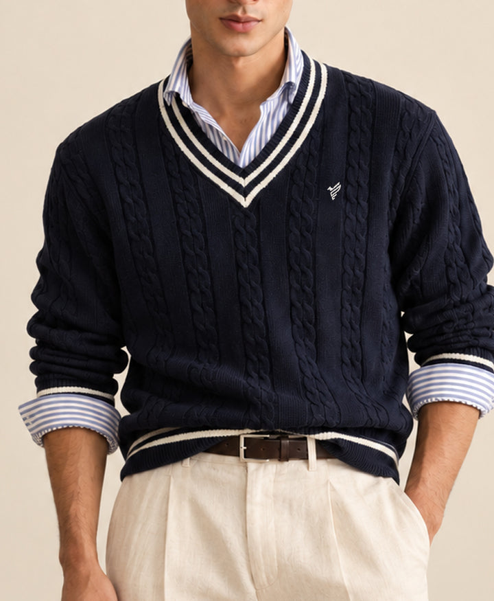 Navy Crimson Cable Knit Sweater