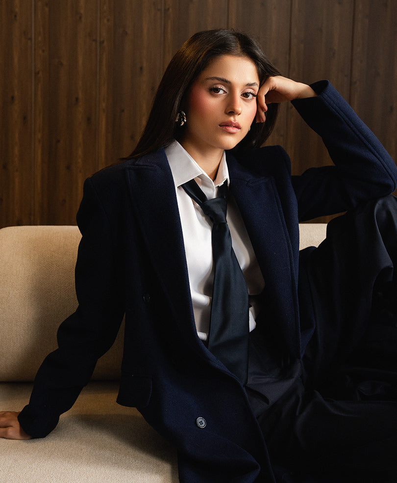 Navy Double Breasted Long Coat (Women)