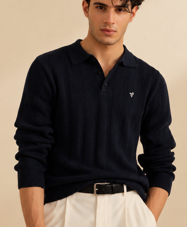 Dk Navy Ribbed Knit POLO Sweater