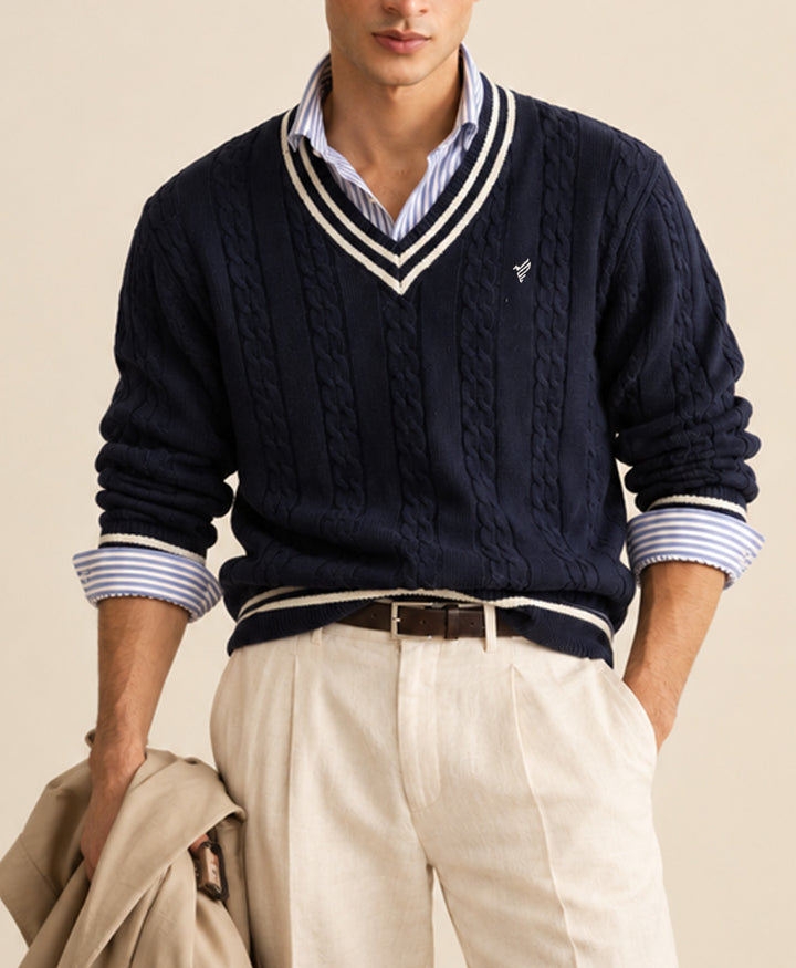 Navy Crimson Cable Knit Sweater