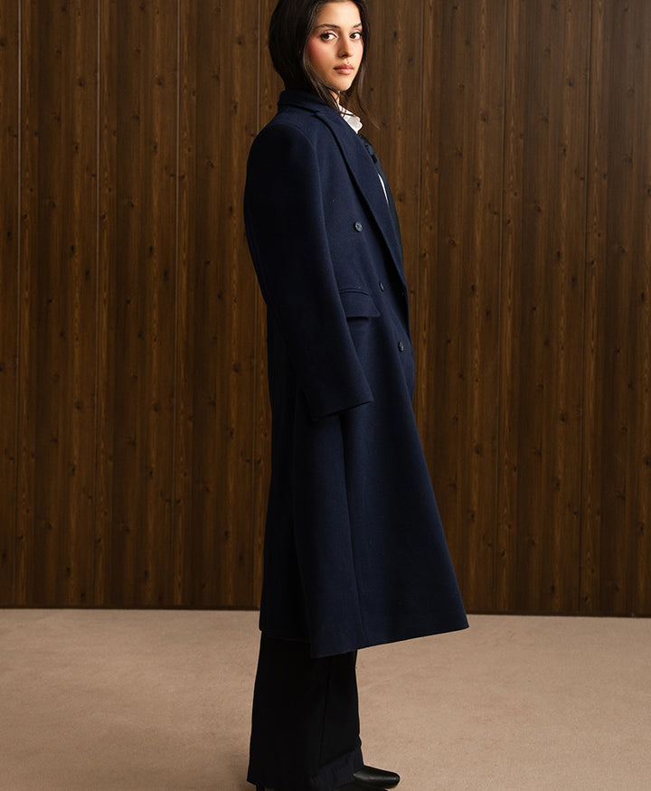 Navy Double Breasted Long Coat (Women)