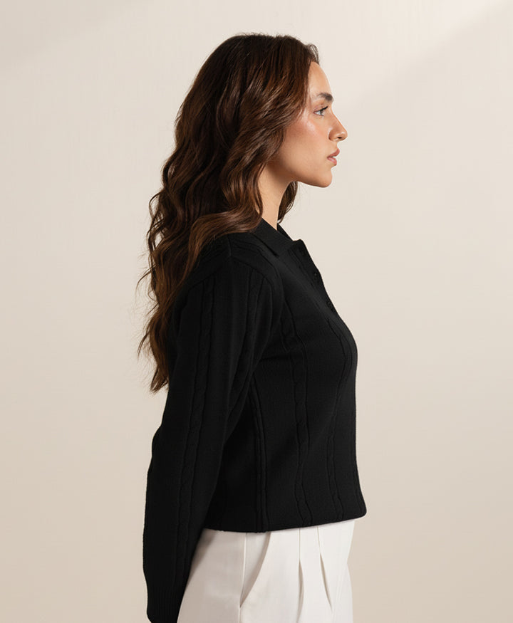 Black Polo Cable Knit Sweater (Women)