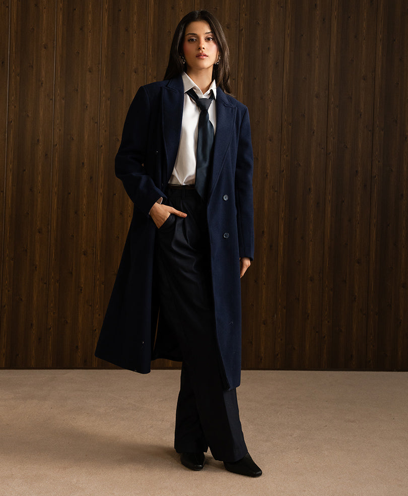Navy Double Breasted Long Coat (Women)