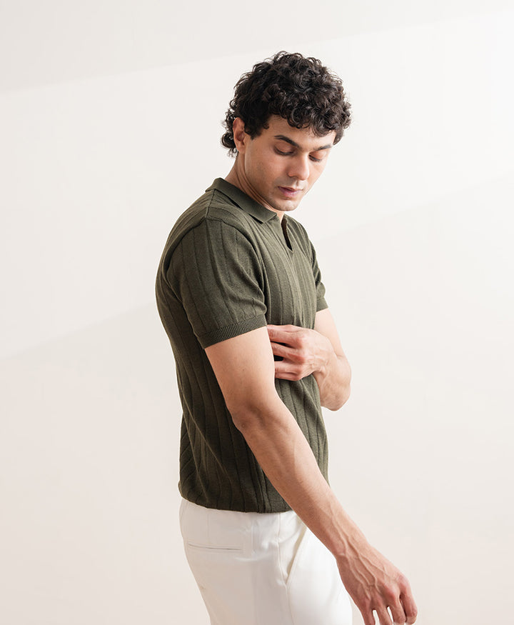 Drop Needle knit POLO Forest Olive