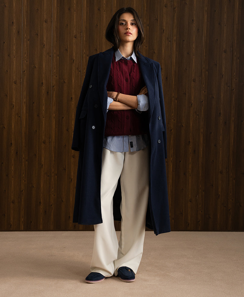 Navy Double Breasted Long Coat (Women)