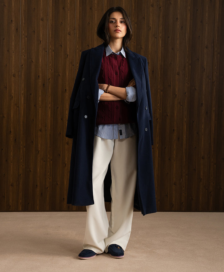 Navy Double Breasted Long Coat (Women)