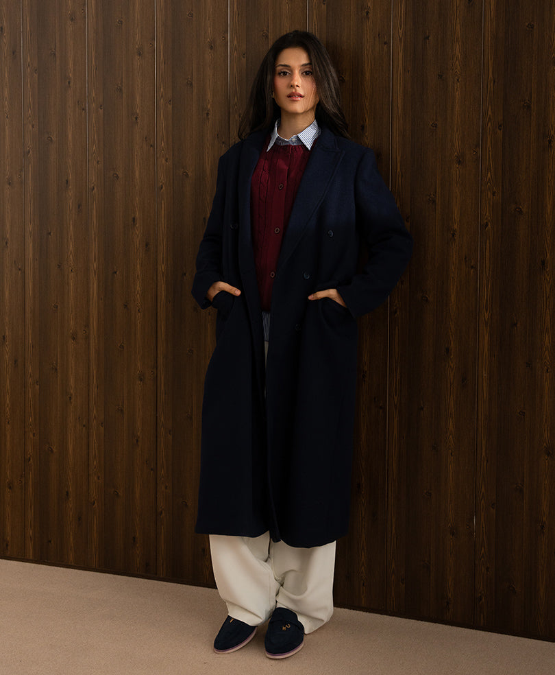 Navy Double Breasted Long Coat (Women)