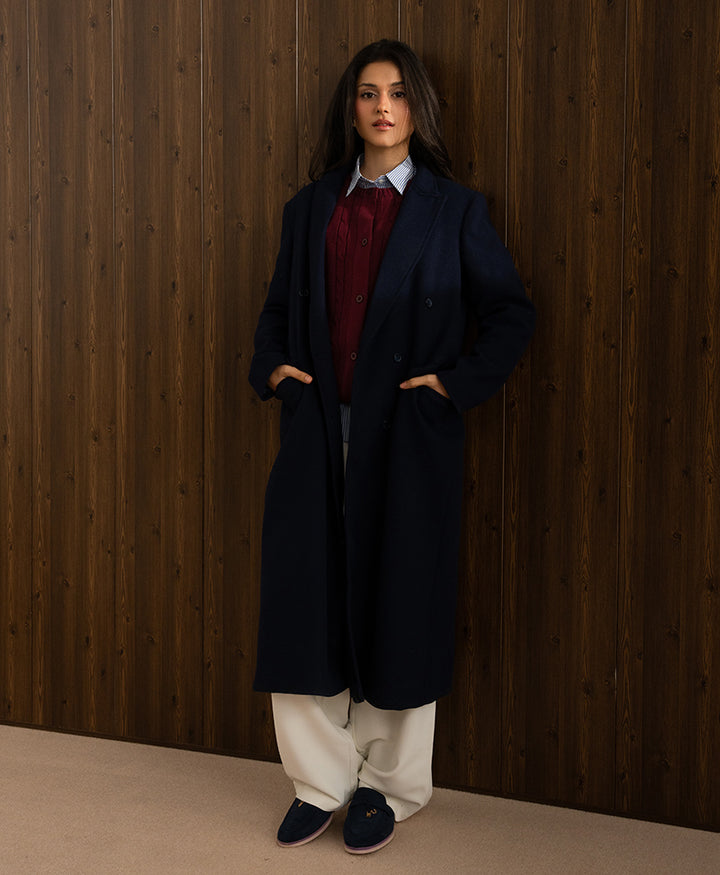 Navy Double Breasted Long Coat (Women)
