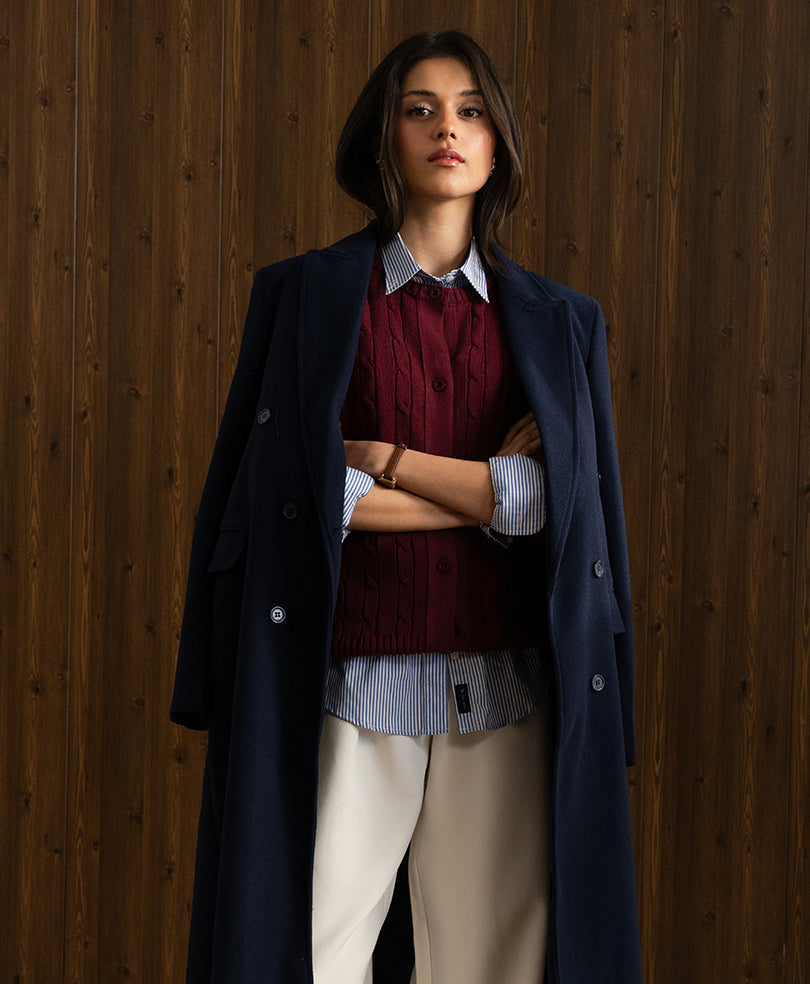 Navy Double Breasted Long Coat (Women)