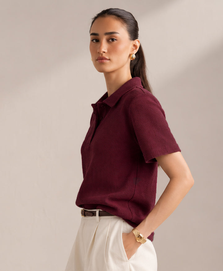 Burgundy Waffle Knit POLO (Women)