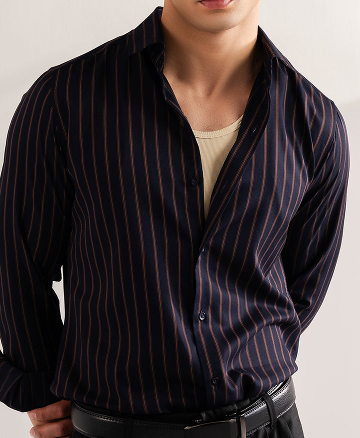 Navy & Brown Striped Shirt (Slim Fit)