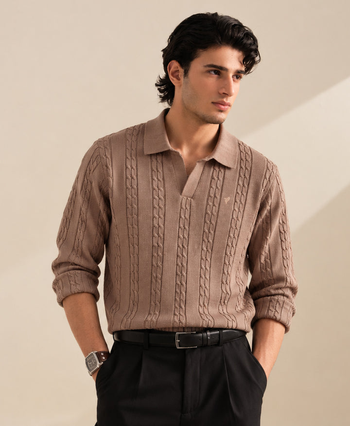 Goat Cable Knit Polo Pullover