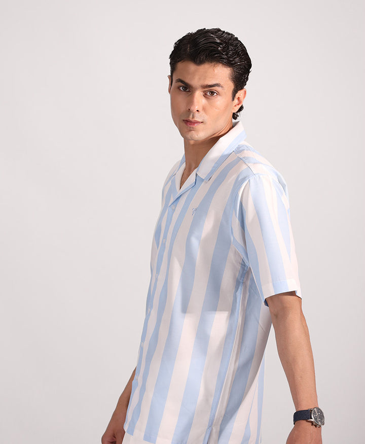 White & Lt Blue Striped Cuban Shirt