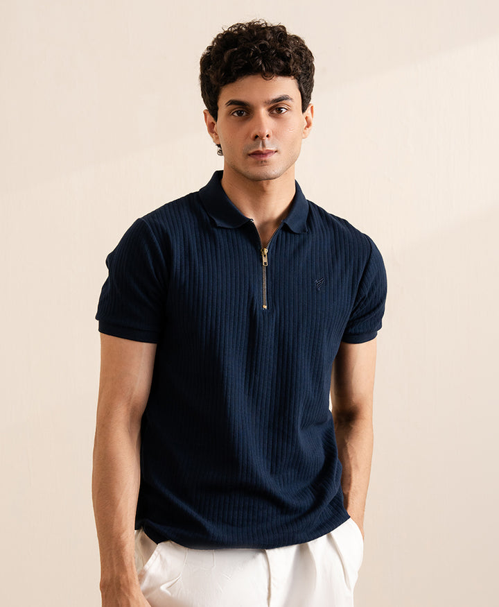 Navy Fine Drop Needle Zip POLO