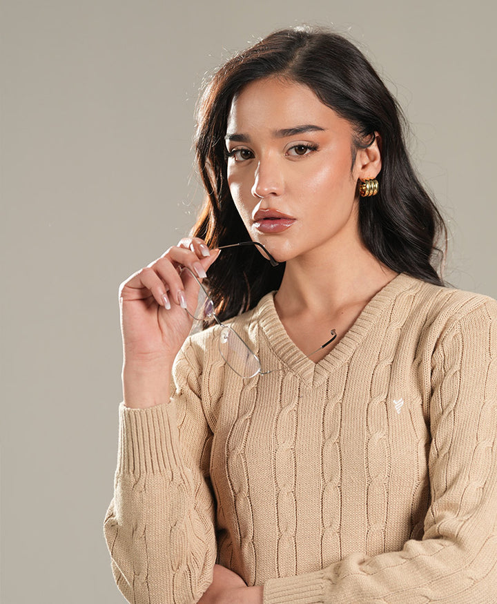 Khaki V-Neck Cable Knit Sweater (Women)