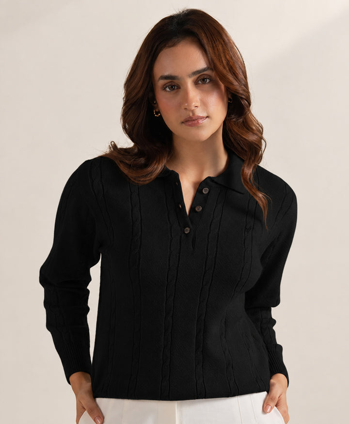 Black Polo Cable Knit Sweater (Women)