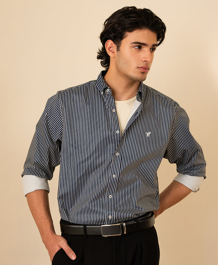 Navy & White Vertical Stripe Shirt (Slim Fit)