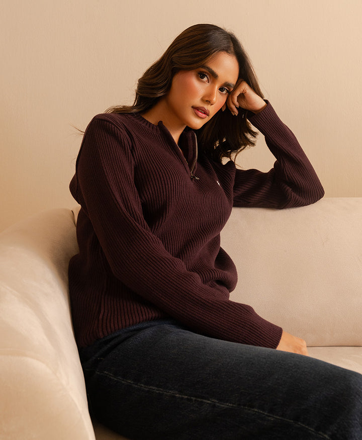 Burgundy Mock Neck Zipper Sweater (Women)