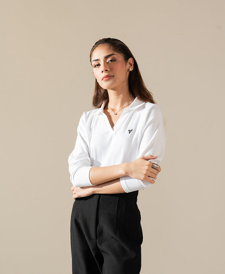 White V-Neck Drop Needle POLO (Women)