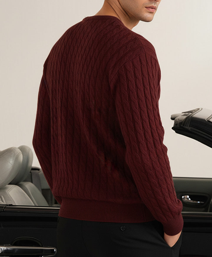 Rustic Maroon Cable Knit V-Neck Sweater