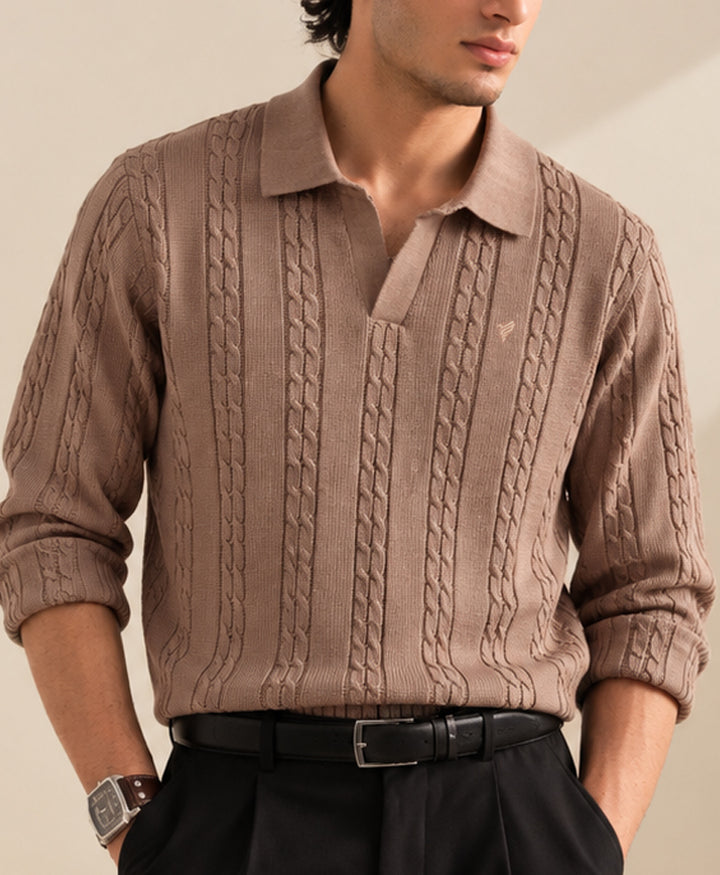 Goat Cable Knit Polo Pullover