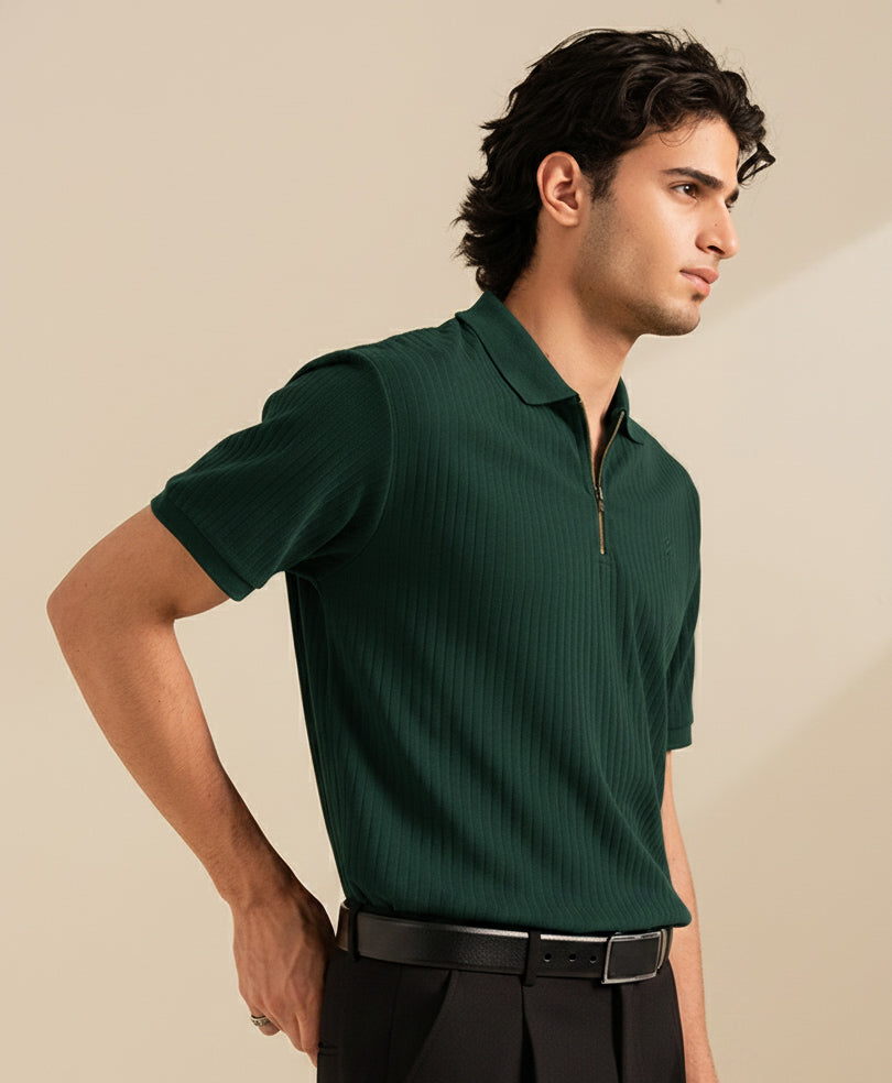 Forest Green Fine Drop Needle Zip POLO
