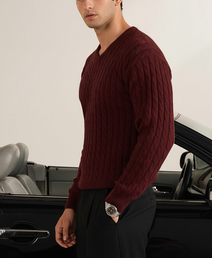 Rustic Maroon Cable Knit V-Neck Sweater