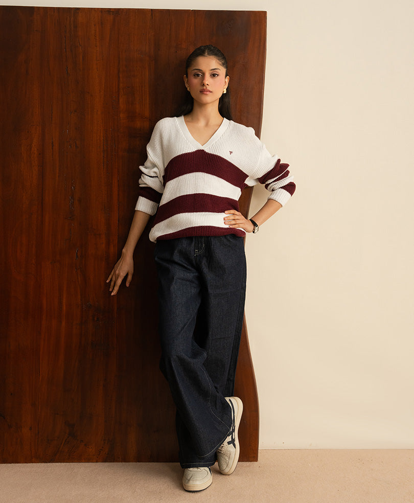 White & Maroon Striper POLO (Women)