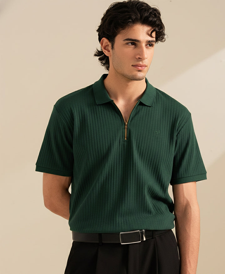 Forest Green Fine Drop Needle Zip POLO