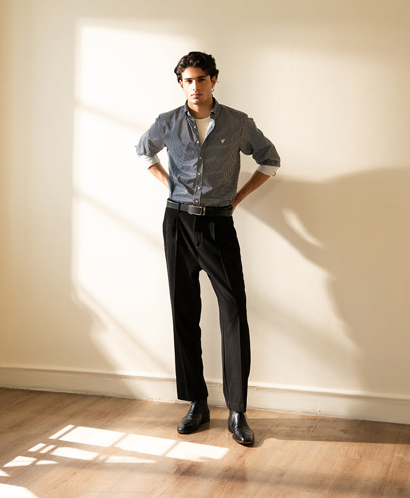 Navy & White Vertical Stripe Shirt (Slim Fit)