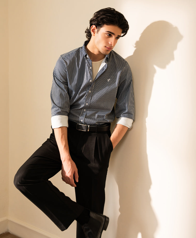 Navy & White Vertical Stripe Shirt (Slim Fit)