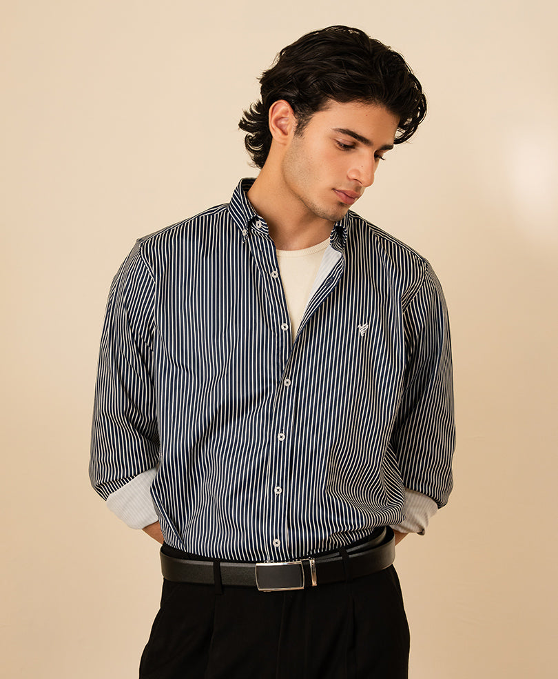 Navy & White Vertical Stripe Shirt (Slim Fit)