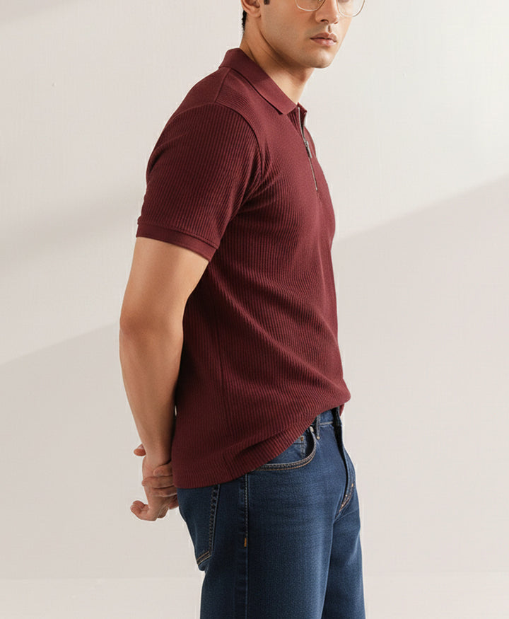 Burgundy Waffle Zip POLO