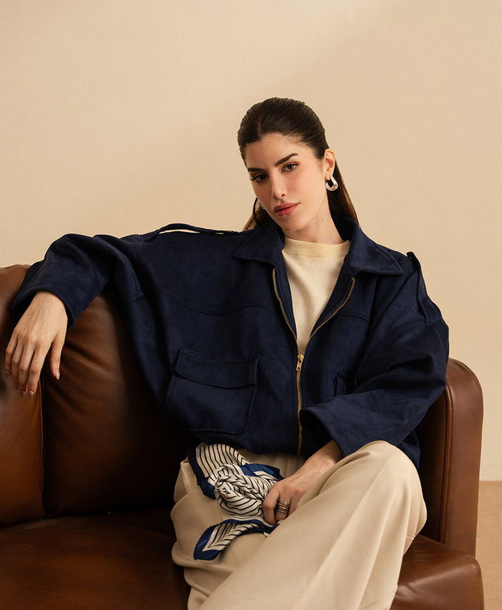Navy Classic Suede Bomber Jacket (Women)