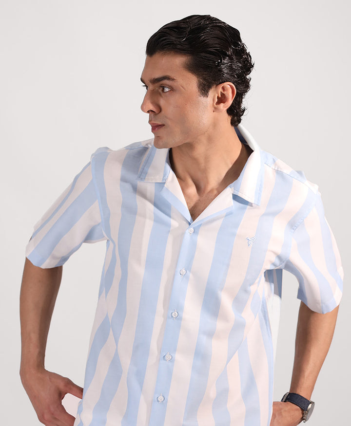 White & Lt Blue Striped Cuban Shirt