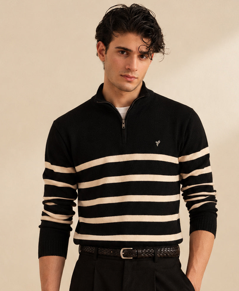 Black Striped Mock Neck Pullover