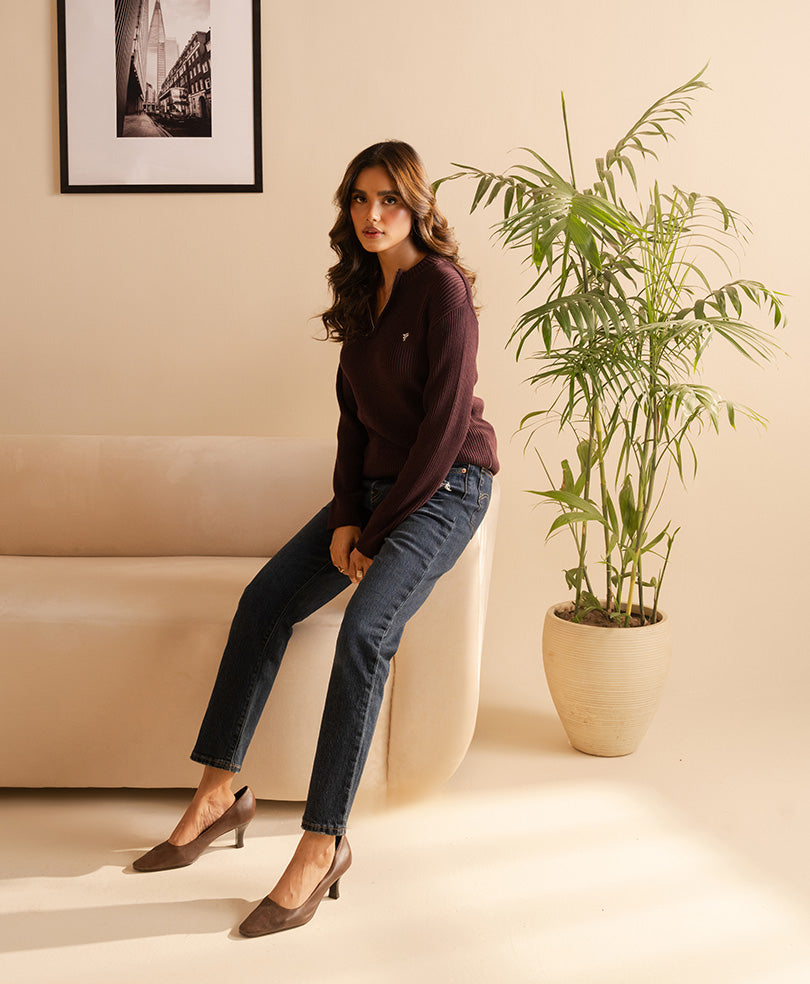 Burgundy Mock Neck Zipper Sweater (Women)